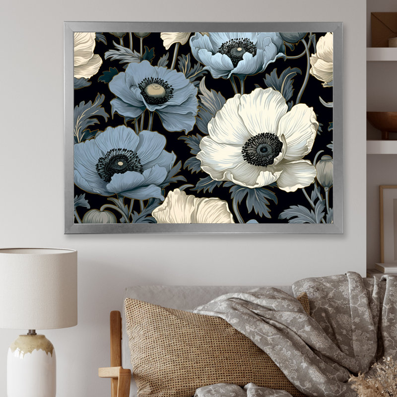 Coquelicots Euphoria bleu et gris I, H 34 po x l 44 po x P 1,5 po, Cadre simple argenté