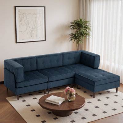 4 - Piece Upholstered Navy Tufted Corduroy Modular Sectional with Pillow Back and Removable Flip-Tray Top Storage Ottoman