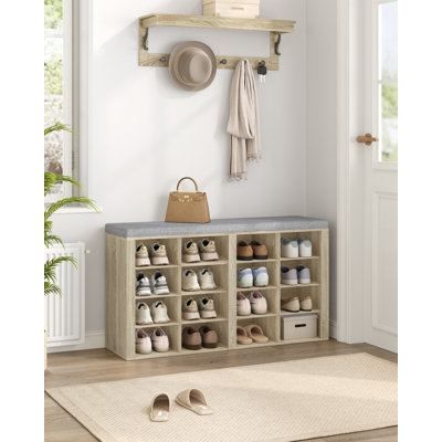 Shoe Storage Bench with Padded Seat, Shoe Rack Bench with 16 Open Compartments, Adjustable Shelves, Shoes Cabinet with Cushion for Hallway, Living Room, Bedroom, Entryway 