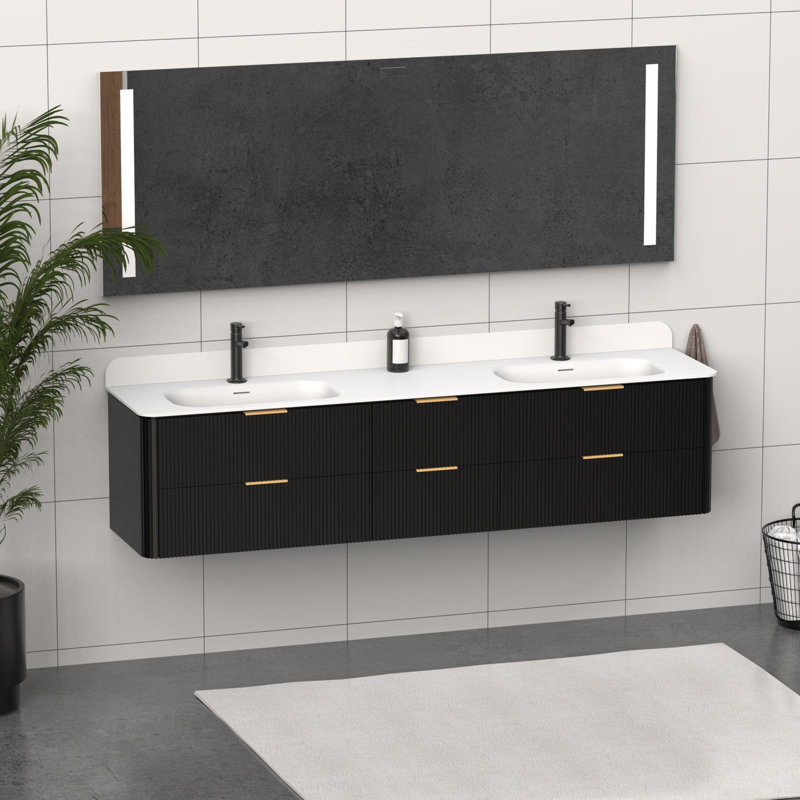 Meuble-lavabo mural avec lavabo et 6 tiroirs, Noir, 84