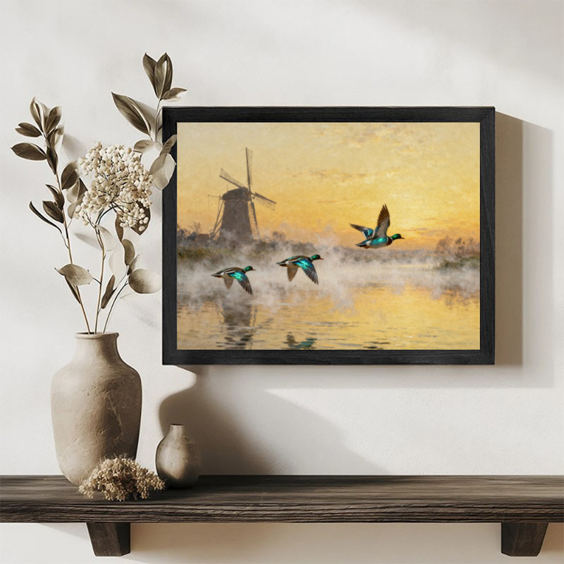 Reproduction d'art encadré noir, oiseaux volants sur la mer, style rétro, H 9 po x l 11 po