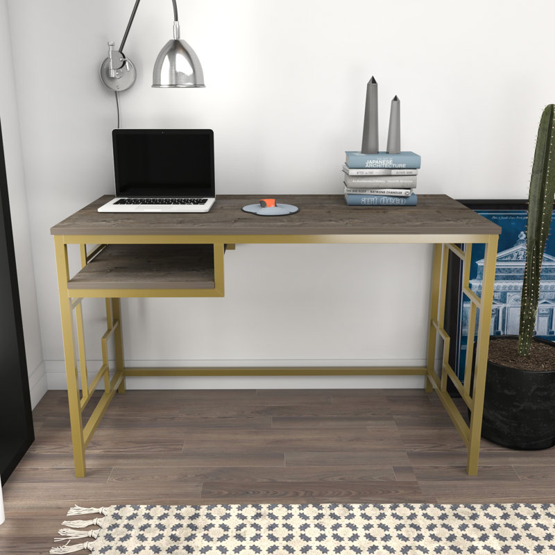 Marquala 120cm Wide Metal Frame Computer Desk, Dark Brown/Gold