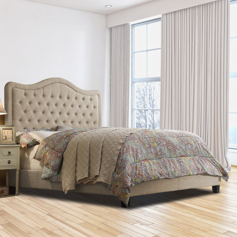 Structure de lit rembourrée en tissu avec tête de lit réglable, support à lattes de bois, lit plateforme capitonné, Beige