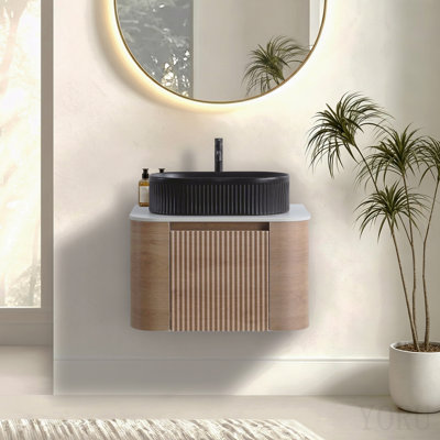 Meuble-lavabo de 30 po avec lavabo, armoire murale en chêne miel avec porte-serviettes gratuit, lavabo simple en céramique à rayures ovales noires, sans bonde ni robinet, pré-assemblé
