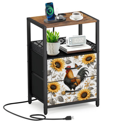 Table de chevet 2 tiroirs en tissu avec station de charge Coq parmi les tournesols