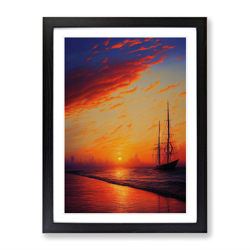 Sunset over the Ships - Wall Art, Black Framed Paper, White, 64cm H x 46cm W x 2cm D