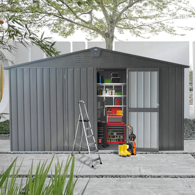Backyard Storage Shed With Galvanized Steel Frame & Windows, Dark Gray, 78.7" H x 109.88" W x 138.11" D