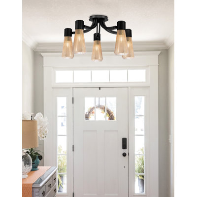 Akins 5 lumières semi-encastrées au fini noir mat avec verre ambré 4 po