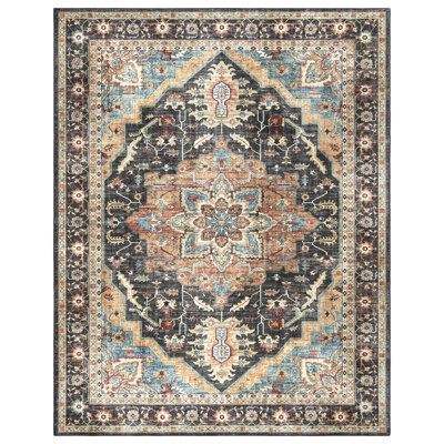  Samira Tiefi Black Beige Multi Machine Washable Traditional Medallion Indoor Area Rug, Flat Pile for Living Room & Bedroom, Black, 8x10