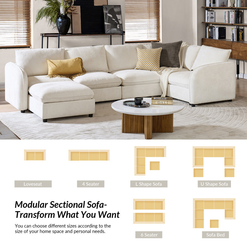 Terencio 132" Modern 6-Piece Storage Sectional Sofa with Hassle-free Assembly, Ivory