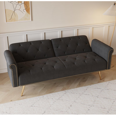 69.7-Inch-Long Sofa Bed Covered In Velvet Fabric, Featuring Nail Head Trim And Accompanied By A Matching Throw Pillow