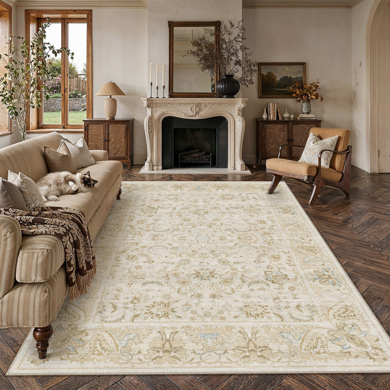 Tapis oriental lavable en machine Nestiva, Beige, Rectangle 8 pi x 10 pi