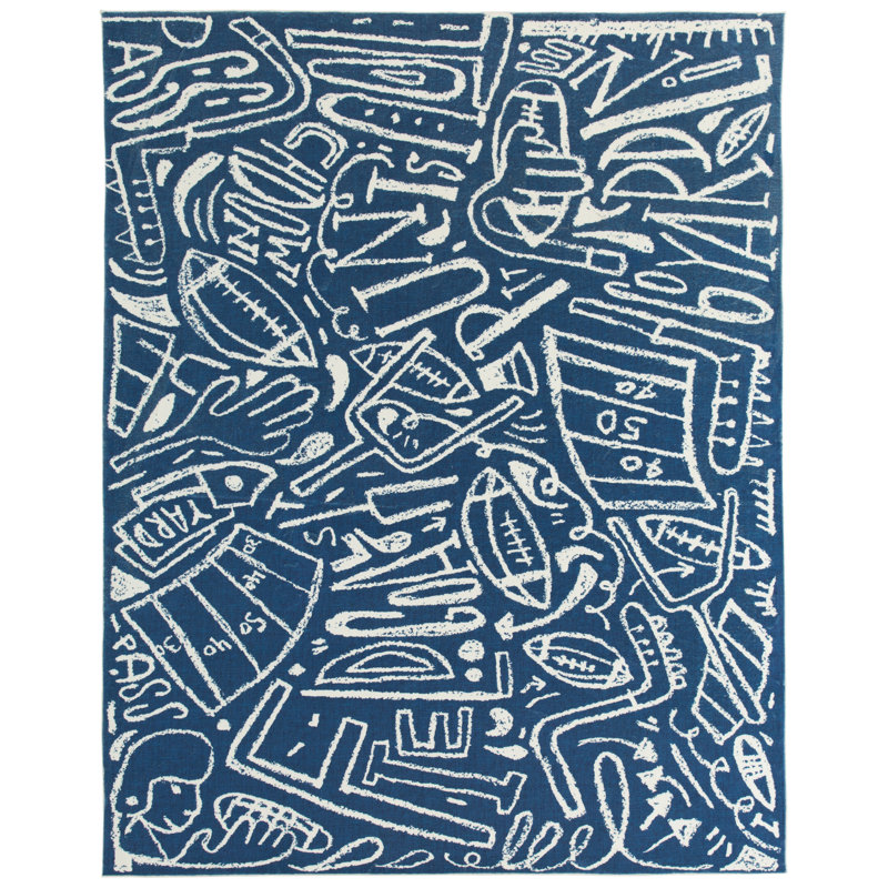 Sportsglyphs Football Blue Power Loom Polyester Area Rug, Rectangle 2' x 3'