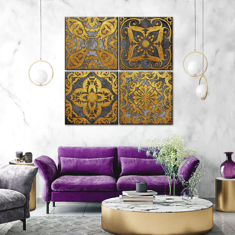 " Gold Rococo Florals " 4 - Pieces, 18" H x 18" W x 1.25" D