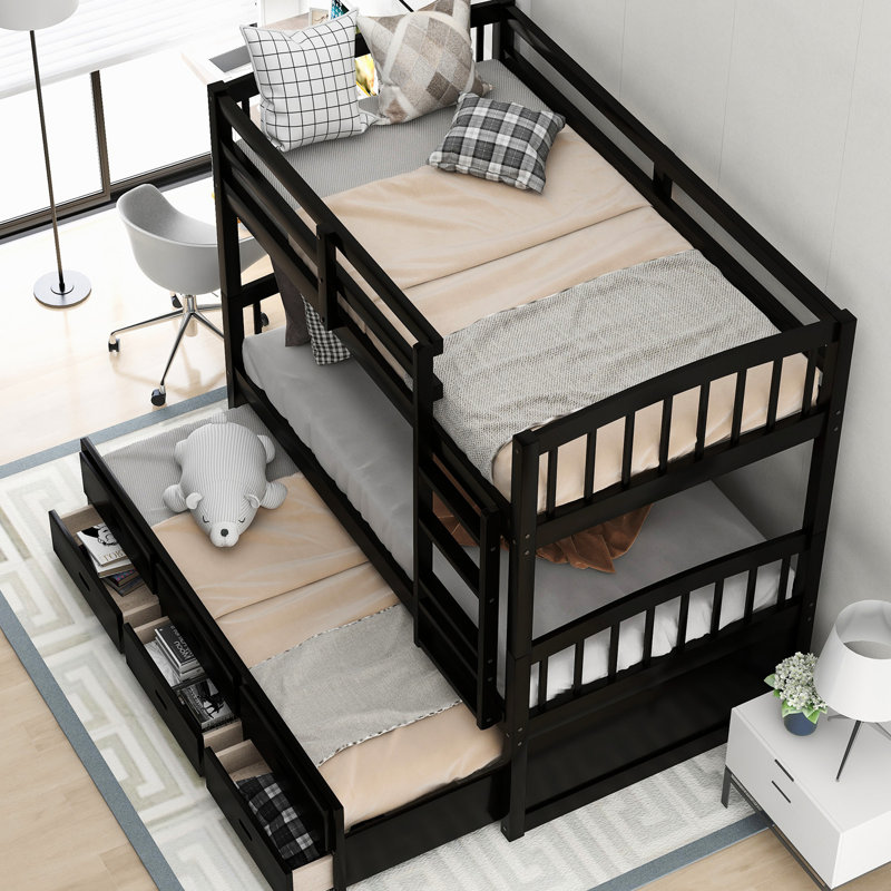 Lit simple superposé avec lit gigogne et 3 rangements - Tête de lit pratique et sécuritaire, Espresso