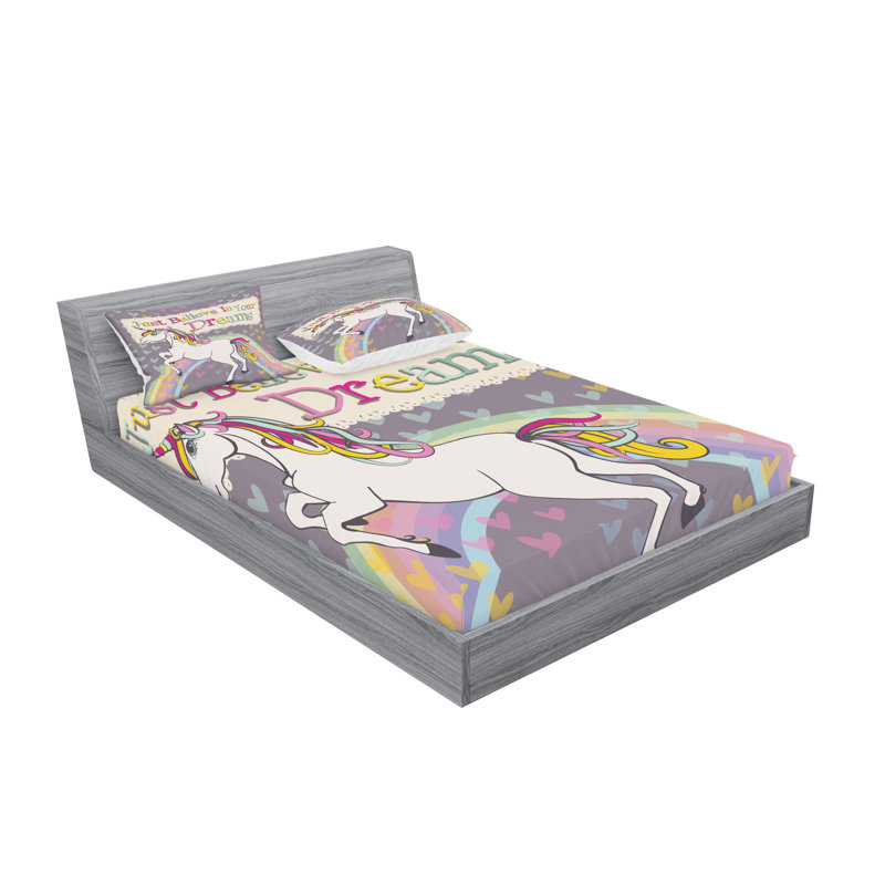 Drap-housse et coussin décoratif féminin Ambesonne beige et lilas, Ensemble de draps pour lit double + 5 pièces supp