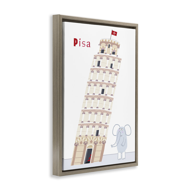 Éléphant et tour penchée, cadre flottant de Pise, design par Carla Daly, H 25 po x l 17 po, Cadre flottant orme Montalcino
