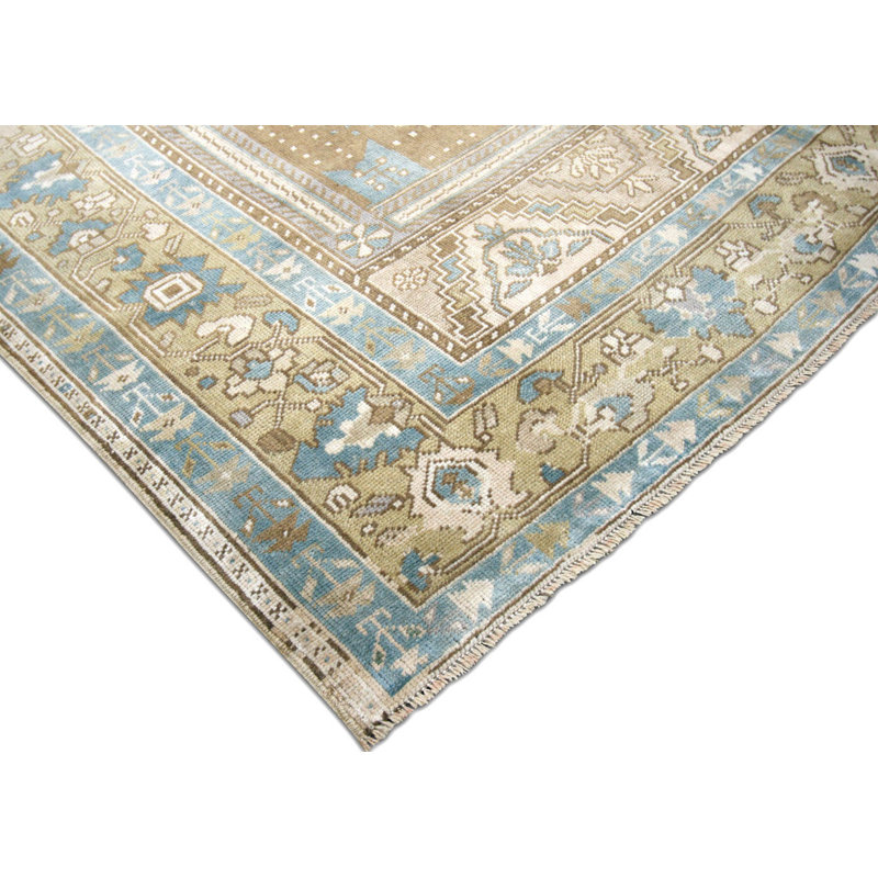 Tapis unique en laine noué à la main des années 1960 de 5 pi 7 po x 10 pi 1 po bleu / beige