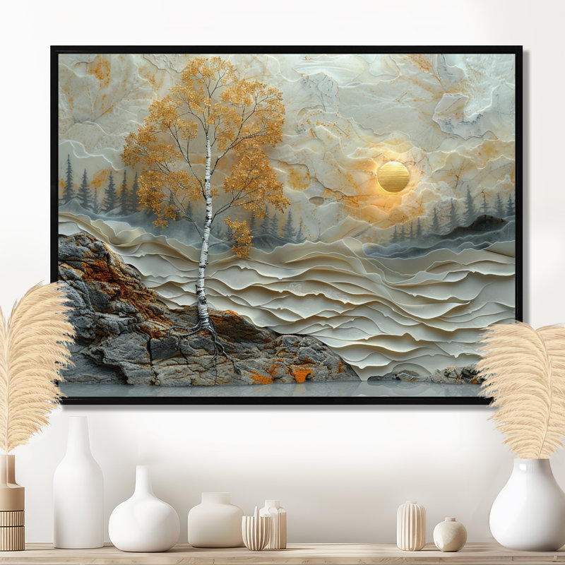 Coucher de soleil doré, automne, bouleau sauvage, rivière argentée - arbre, décoration murale, Cadre flottant noir