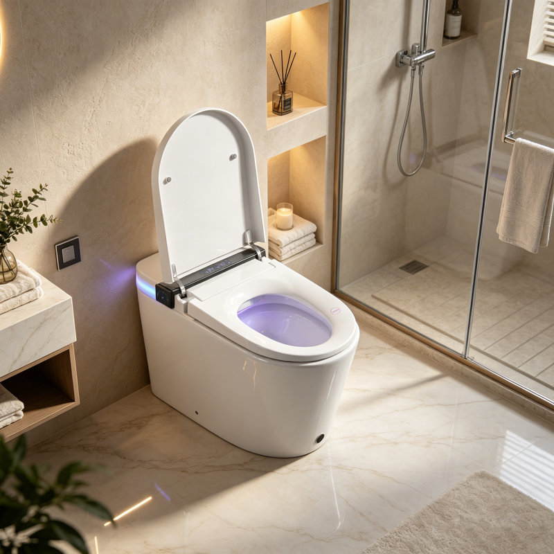 Toilette allongée intelligente avec bidet intégré, ouverture / fermeture automatique, capteur de pied et technologie de bouclier en mousse