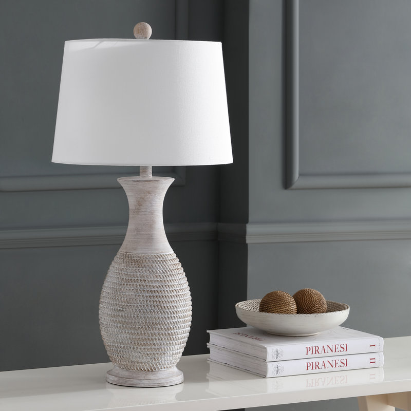 Gray and White Coastal Resin Table Lamp Set with Empire Shade