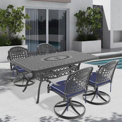 Ensemble de salle à manger 5 pièces en aluminium coulé résistant aux intempéries, comprenant 4 chaises pivotantes et une table rectangulaire avec cadre noir