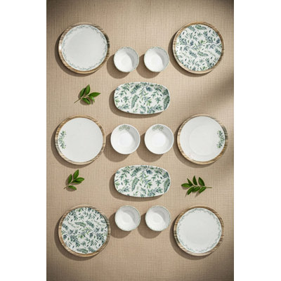 Ensemble de petit-déjeuner 14 pièces, 100% porcelaine, vert et blanc | Comprend 6 assiettes de service (6,0 po), 2 bols (5,1 x 5,1 x 1,6 po), 4 bols Joker (4,3 x 4,3 x 1,4 po), 2 plateaux (9,4 x 5,5 po) | Va au lave-vaisselle et au micro-ondes, conception élégante pour une utilisation quotidienne