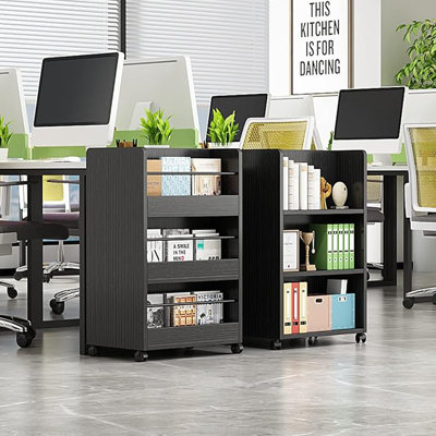 3-Tier Bookshelf, Book Storage Organization with Wheels Mobile Rolling Bookshelves,Black
