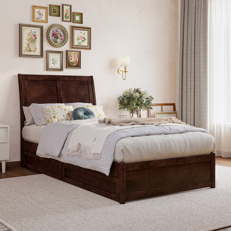 Lamayia Solid Wood Sleigh Platform Bed with Footboard and Storage Drawers, Walnut, Extra-Long Twin