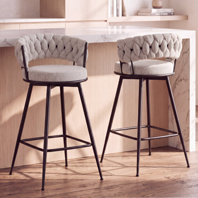 Tabouret de bar moderne rembourré beige avec dossier tissé et tabouret à hauteur de comptoir fixe en métal noir pour cuisine