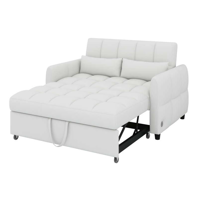 Canapé-lit avec causeuse et canapé-lit avec dossier réglable, trois ports USB et deux coussins, Beige