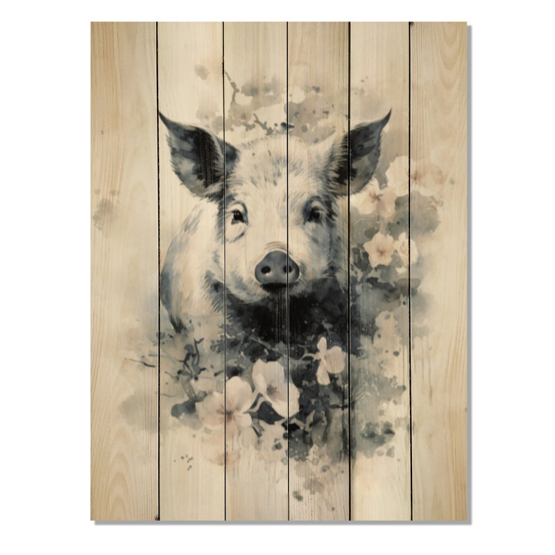 Art asiatique, cochon Sumi sur bois, H 20 po x l 10 po x P 0,78 po
