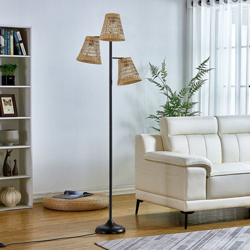 72.25 in. Black Traditional Foot Switch 3 Light Metal For Living Room Bedroom Reading Standing Up Single Rattan Tree Floor Lamp Corner Tall Lights