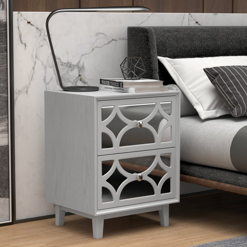 Habeel Two Drawer Mirror Front Nightstand, Light Gray