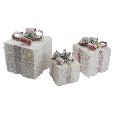 Boîtes-cadeaux de Noël DEL en rotin givré avec pommes de pin
