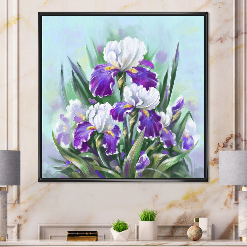 Fleurs et iris mauves en fleurs, H 30 po x l 30 po x P 1 po, Toile avec cadre flottant noir