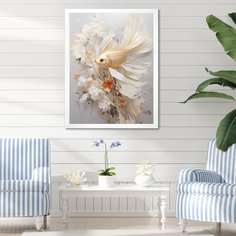 Poisson doré et longues queues sur toile, Cadre simple blanc, H 44 po x l 34 po x P 1,5 po