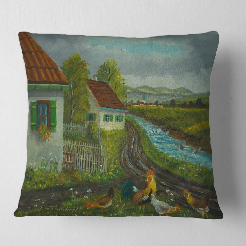 Housse de coussin carrée trois poulets et un coq dans un pré avec fleurs, 16" x 16"