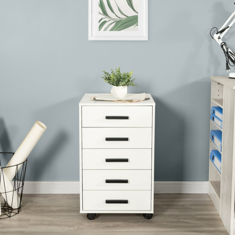 Modern 5-Drawer Mobile Storage Cart for Under Desk, Durable Black Engineered Wood Organizer with Locking Casters, Smooth-Glide Drawers for Office Files, Crafts, Dorm & Small-Space Living