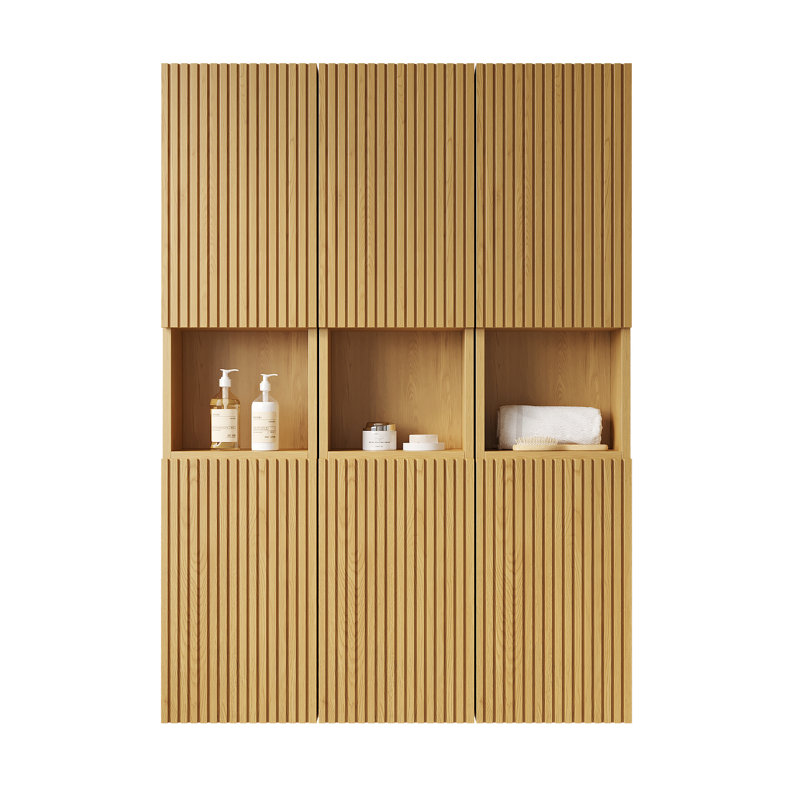 Armoire de salle de bain murale 41 po - 6 armoires avec portes en contreplaqué de couleur chêne blanchi à l'eau et pratique pour différentes pièces