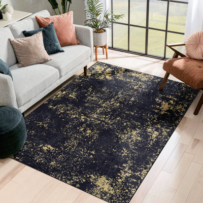 Tapis de salon 5X8, lavable, antidérapant, antidérapant, pliable et pour animaux de compagnie, à poils courts, teint, noir et doré, asiatique pour la chambre à coucher, la cuisine, la salle à manger
