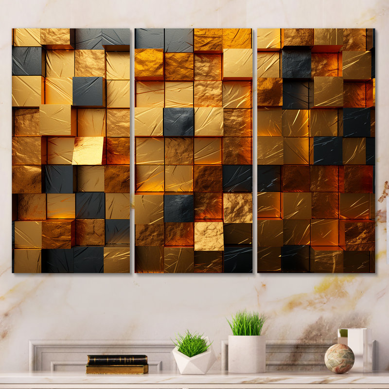 Cubes dorés abstraits géométriques IV - art mural géométrique, H 28 po x l 36 po x P 1 po, Toile tendue