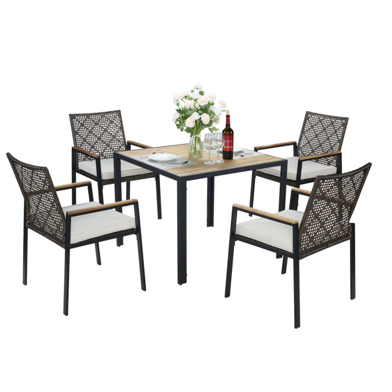 All Weather 5-Piece Patio Dining Set With Acacia Wood Table Top And Umbrella Hole, Dark Brown/Black