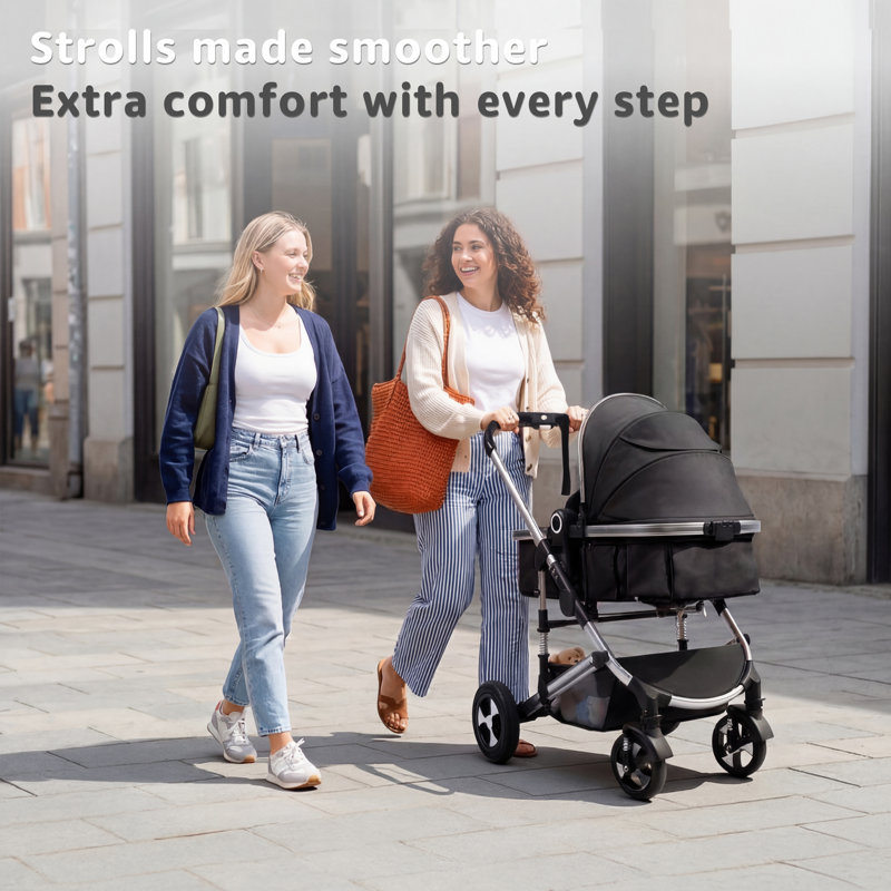 Convertible Baby Stroller, Folding High Landscape Infant Carriage, Adjustable Canopy, Diaper Bag, Anti-Shock, Black