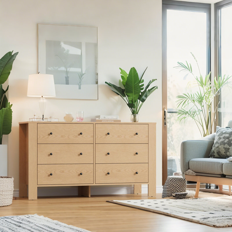  Modern 6 Drawer Dresser, 50" Wide Double Chest with Deep Drawers & Metal Knobs, Wooden Storage Organizer for Kids Bedroom, Entryway, Hallway