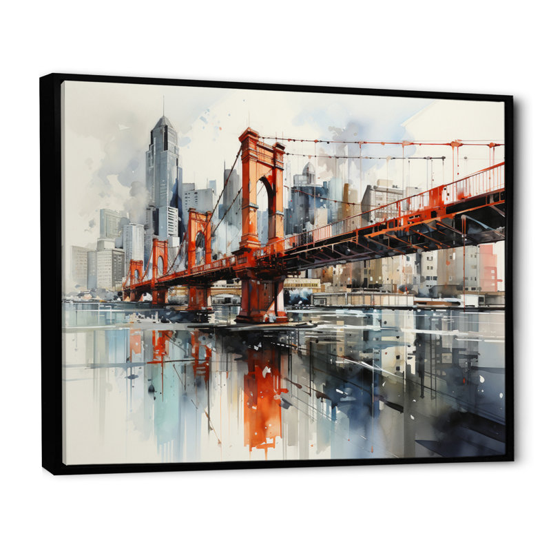 Pont rouge, connexion urbaine - impression d'art mural, Cadre flottant noir, H 12 po x l 20 po x P 1 po
