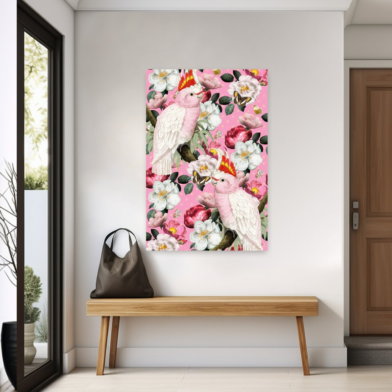 Tropical Pink Cockatoo Colorful Elegant Vibrant Butterfly Bird Rose Nature Summer Wall Art Print 1 Piece Wrapped Canvas Wall Art