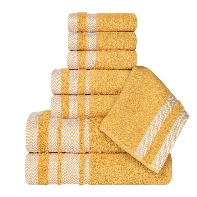 Geona Cotton Solid Dobby Border Plush Soft Absorbent Assorted 8 Piece Bathroom Towel Set, Gold