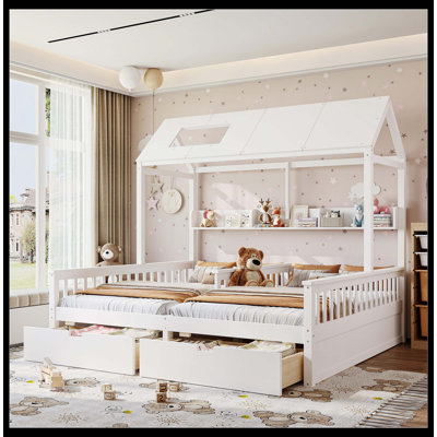 Lit plateforme simple double avec tablettes et tiroirs de rangement, lit plateforme avec lattes de soutien, conception de maisonnette, blanc