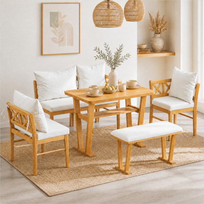 Classic White Solid Wood 6-Piece Farmhouse Corner Dining Set with Bench, Table, and Chairs